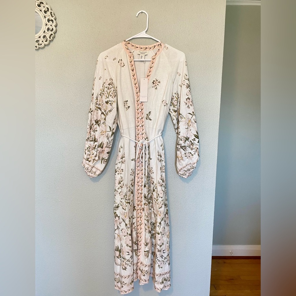 Calypso St. Barth Linen Blend Long Sleeve Floral Midi Dress